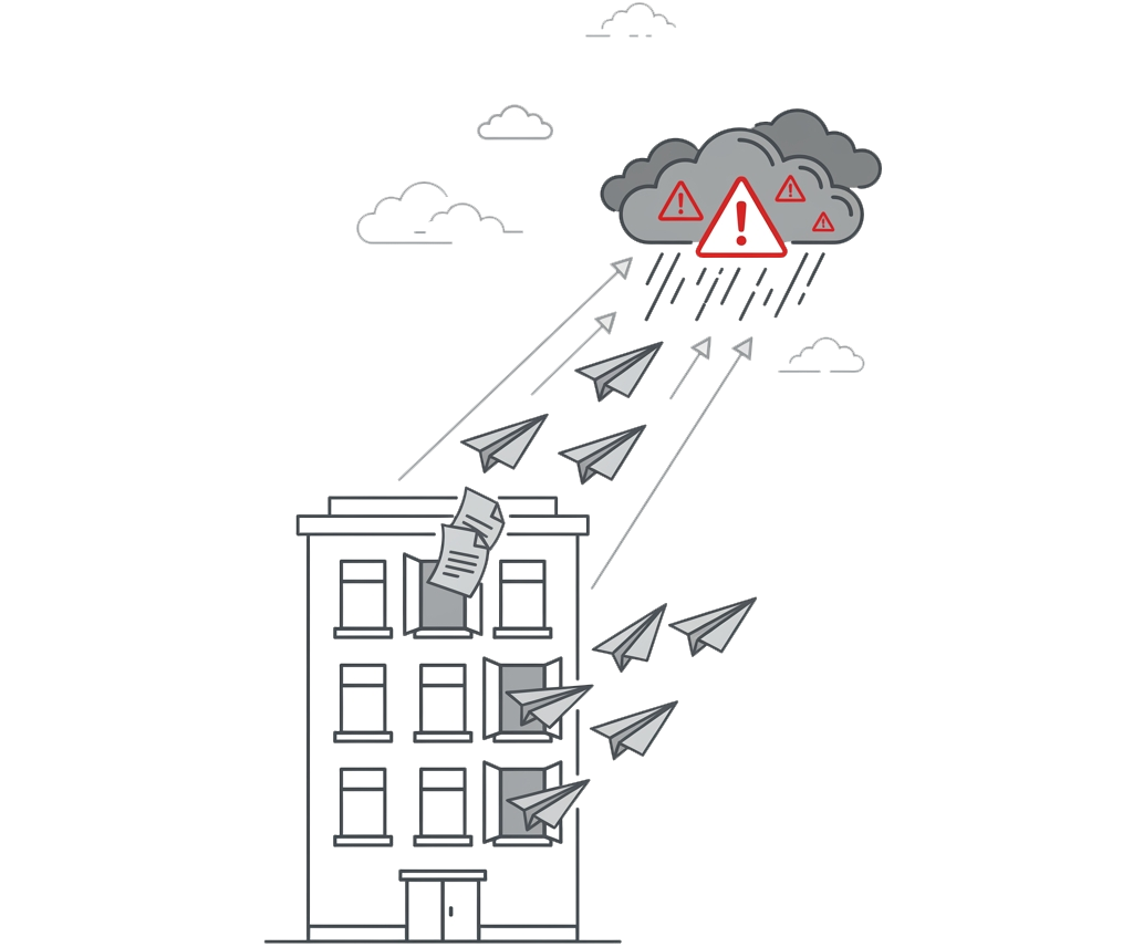 Papierflieger mit Firmendaten entfliehen dem Gebäude in die Cloud