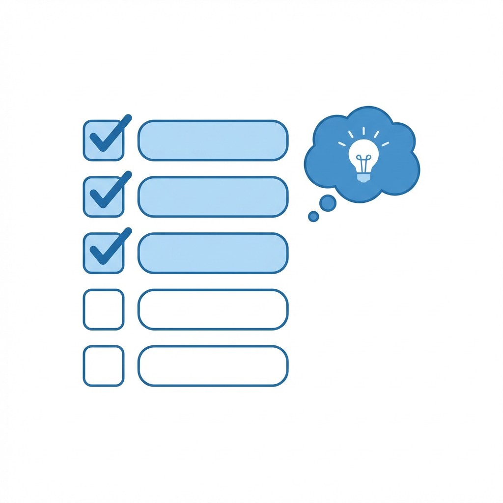 Checkliste mit Haken und Glühbirnen-Moment